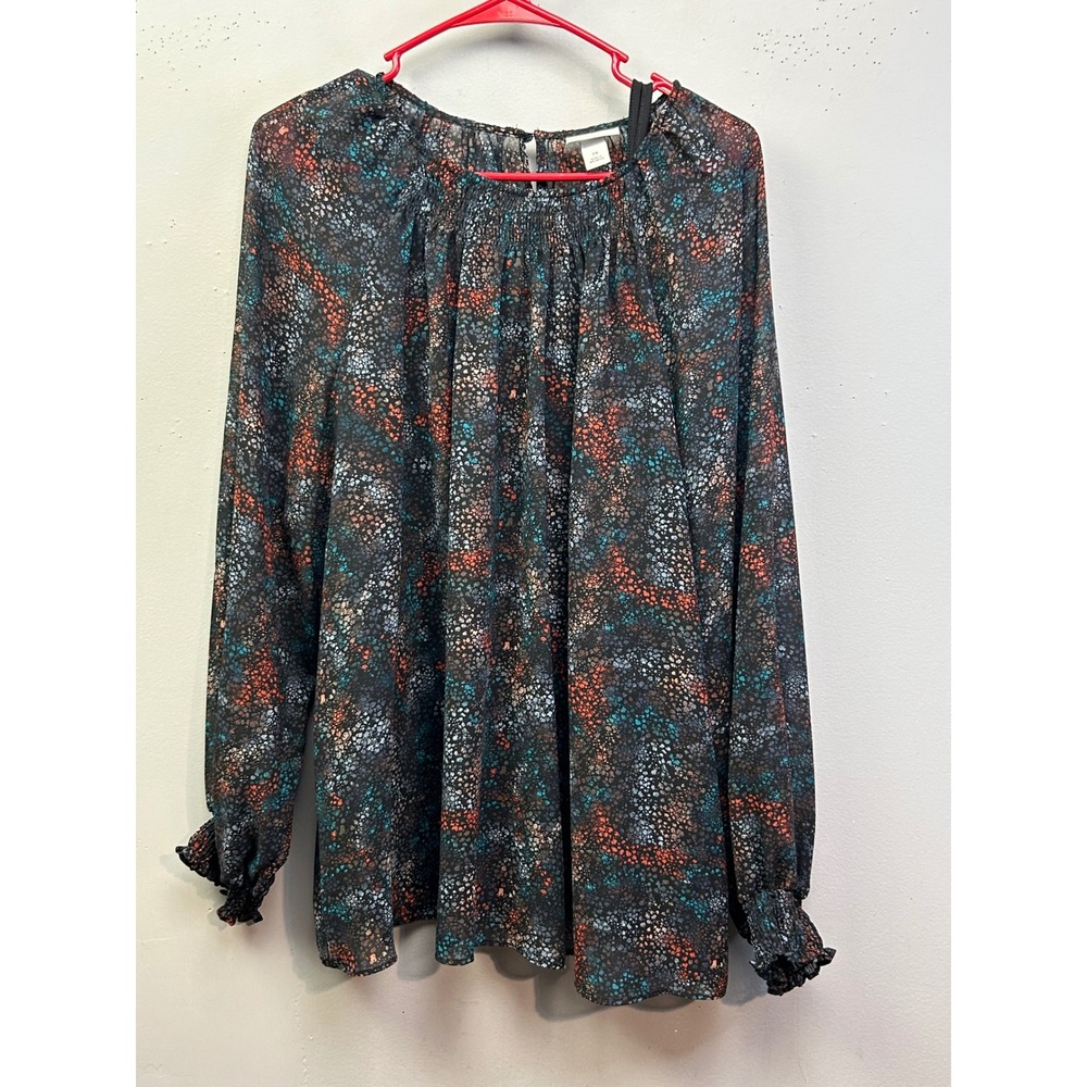 Ava & Viv Blouse Womens 2X Black Multicolor Abstract‎ Pebble Smocked Cuff Lined